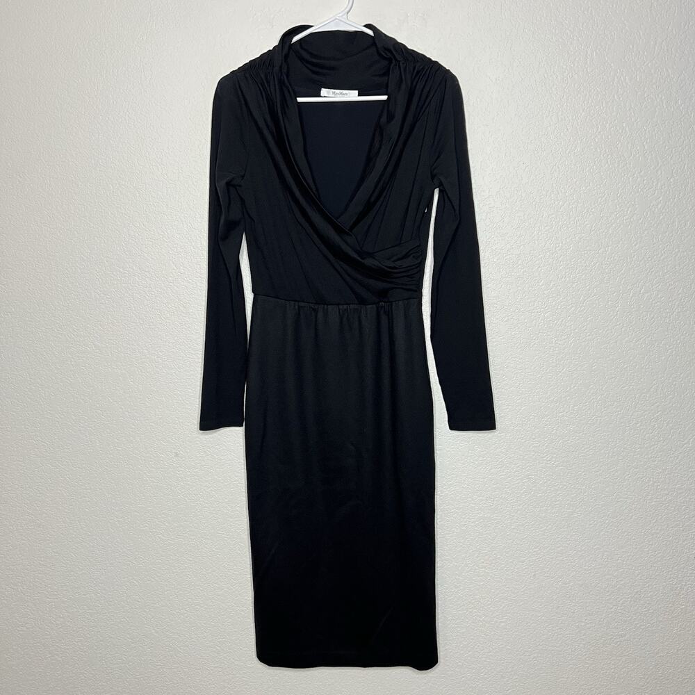 Max Mara Black Virgin Wool Crossover Midi Sheath Dress Italy Size 10 Career Ac18